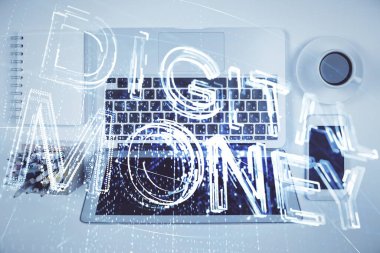 Masaüstü arkaplanındaki bilgisayarın üzerinden engelleme temalı hologram çizimleri. Üst Manzara. Çift pozlama.