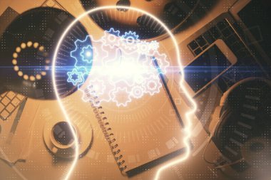 Beyin çizimi ve masa örtüsü çift pozlama. Veri analizi kavramı.