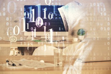 Veri teması çizimi ve ofis içi arka planına çoklu maruz kalma. Teknoloji kavramı.