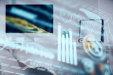 Teknoloji temalı çizimlere ve ofis içi arka planına çifte maruz kalma. Teknoloji konsepti.