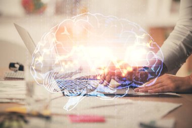 Bilgisayar ve beyin hologramı çizimleri üzerinde çalışan kadın elleri çift pozlama. Ai kavramı.