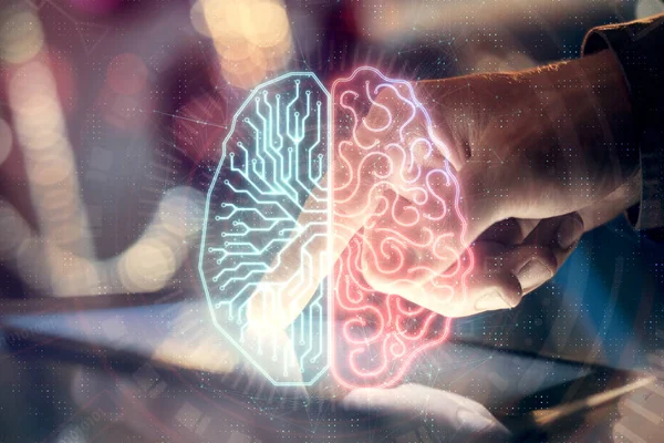 Double Exposure Man Hand Holding Using Digital Device Brain Hologram — Stock Photo, Image