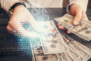 Beynin holograma maruz kalması, bize dolar banknotları ve insan eli çizmesi. Ai yatırım konsepti