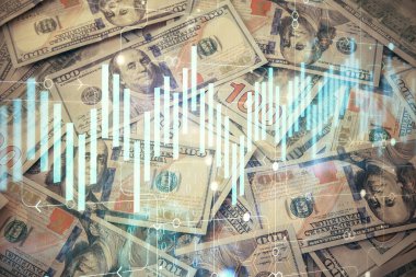 Forx grafiğinin çok sayıda görüntüsü bize dolar banknotları arka planında görünüyor. Finansal başarı piyasası kavramı.