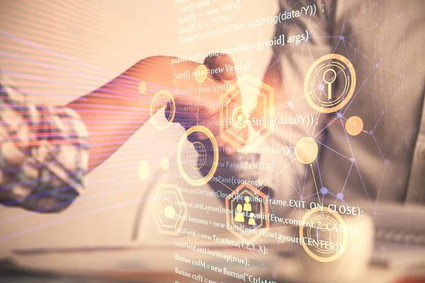 İki kişinin veri temalı hologramı ve el sıkışması. Bilişim endüstrisi konseptinde ortaklık.