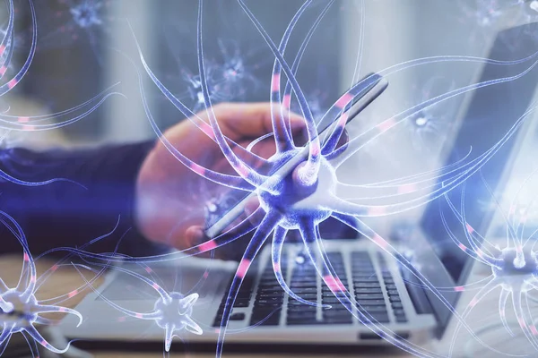 Dupla Exposição Das Mãos Homem Segurando Usando Telefone Desenho Neurônios — Fotografia de Stock