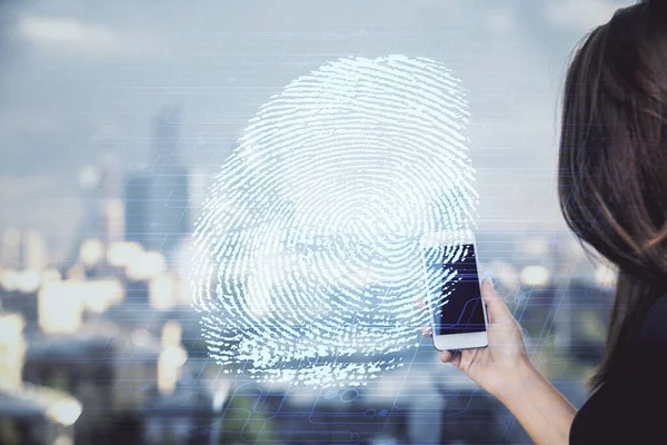 Double exposure of fingerprint hologram and woman holding and using a mobile device. Security concept.