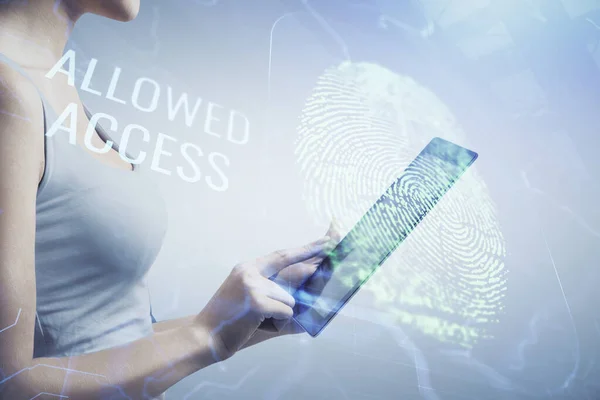 Double exposure of fingerprint hologram and woman holding and using a mobile device. Security concept.