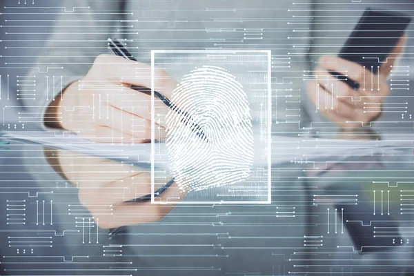 Double exposure of fingerprint hologram and woman holding and using a mobile device. Security concept.