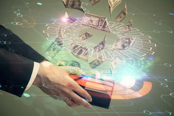 Teknolojiye Çoklu Maruz Kalma Hologram Dolar Banknotları Insan Eli Veri — Stok fotoğraf
