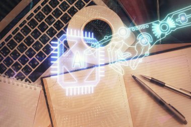 Bilgisayarla üst görünüm çalışma masası arka planında veri temasının çoklu pozlanması hologramı çiziyor. Teknoloji kavramı.