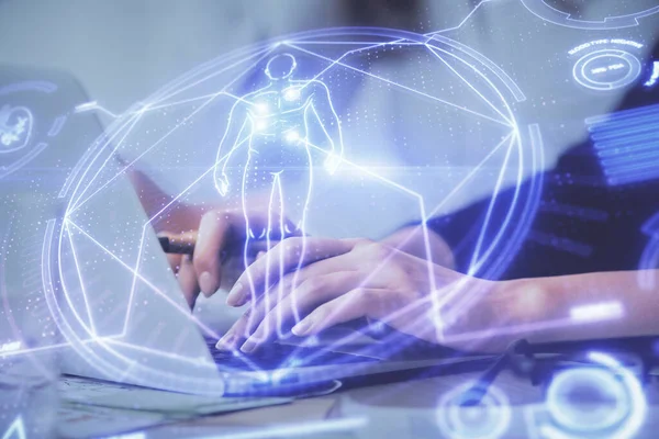 Double Exposure Woman Hands Typing Computer General Theme Hologram Drawing — Stock Photo, Image
