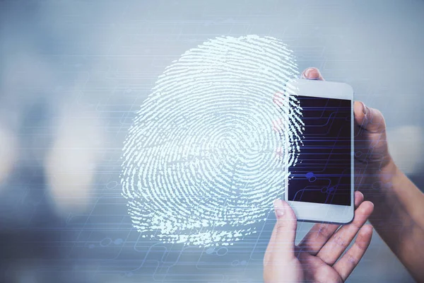 Double exposure of fingerprint hologram and woman holding and using a mobile device. Security concept.