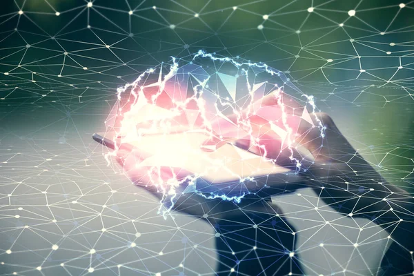Beyin Çizimine Çift Pozlama Cep Telefonu Kullanan Kadın Hologramı — Stok fotoğraf