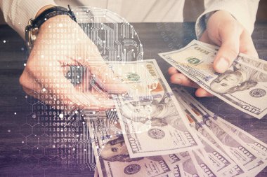 Beynin holograma maruz kalması, bize dolar banknotları ve insan eli çizmesi. Ai yatırım konsepti