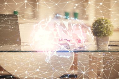 Beyin çizimine ve ofis içi arka planına çifte maruz kalma. Veri teknolojisi kavramı.