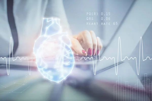 Double Exposure Woman Hands Typing Computer Heart Hologram Drawing Education — Stock Photo, Image