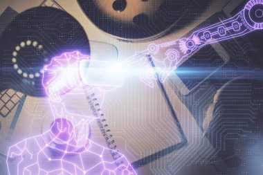 AR gözlükleri çizimi ve çalışma masası örtüsü. Sanal gerçeklik kavramı.