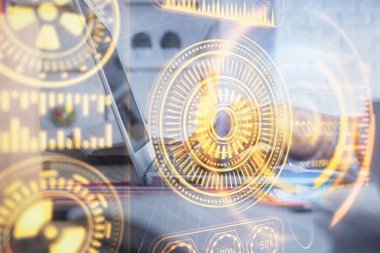 Bilgisayar ve teknoloji temalı çizimlerde kadın elinin çifte pozlanması. Yüksek Teknoloji kavramı.