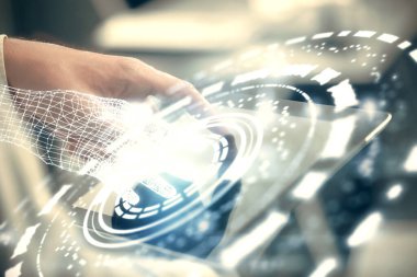 Dijital bir cihaz ve veri temalı çizim kullanan bir adamın el ele tutuşması. Yenilik kavramı.