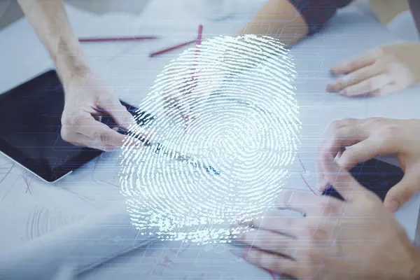 Double exposure of fingerprint hologram and man and woman working together holding and using a mobile device. Security concept