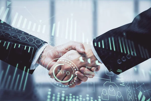 Double Exposure Tech Hologram Handshake Two Men Deal Concept — Stock Photo, Image