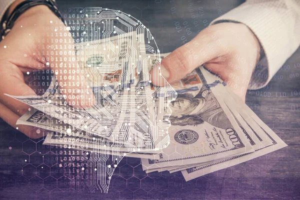 Multiexponering Hjärnritning Hologram Och Oss Dollarsedlar Och Människohänder Invest Konceptet — Stockfoto