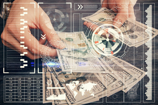 Двойное обнажение технологии рисования голограммы и нас долларовых купюр и человеческих рук. Концепция данных