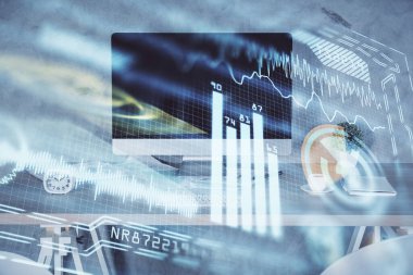 Teknoloji temalı çizimlere ve ofis içi arka planına çifte maruz kalma. Teknoloji konsepti.