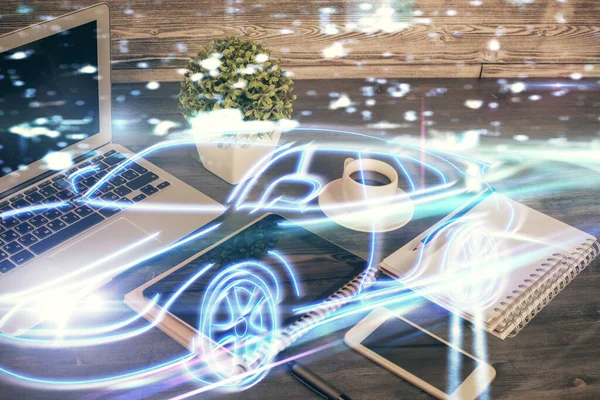 携帯電話の背景に自動車のテーマスケッチの二重露光 技術の概念 — ストック写真