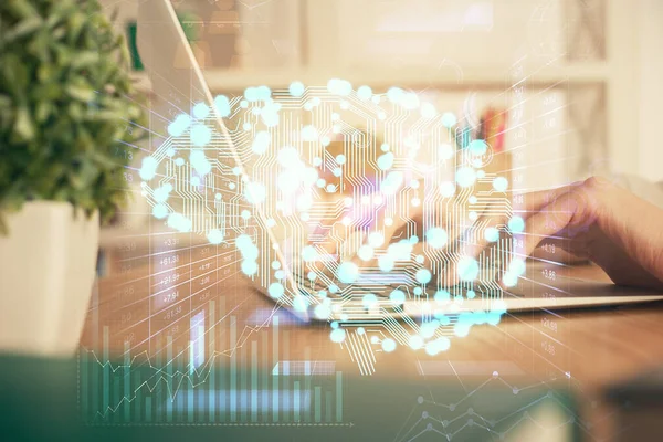 Double Exposure Woman Hands Working Computer Brain Hologram Drawing Concept — Stock Photo, Image