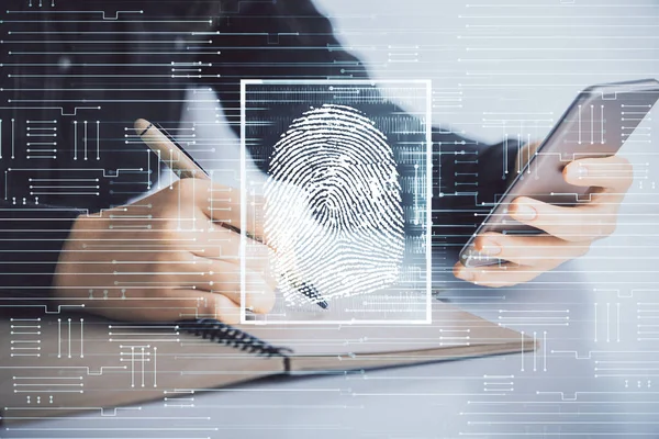 Double exposure of fingerprint hologram and woman holding and using a mobile device. Security concept.