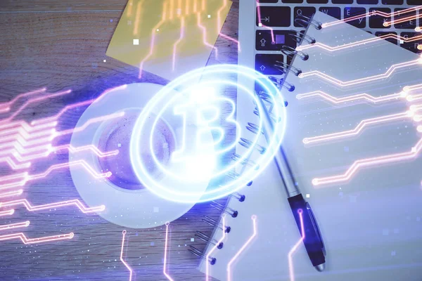 Masaüstü Arkaplanındaki Bilgisayarın Üzerinden Engelleme Temalı Hologram Çizimleri Üst Manzara — Stok fotoğraf