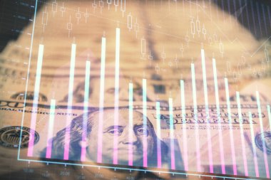 Önx grafiğinin arka plandaki dolarları iki katına çıkarması. Finans piyasası kavramı.