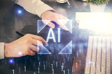 Dijital bir cihaz ve veri temalı çizim kullanan bir adamın el ele tutuşması. Yenilik kavramı.