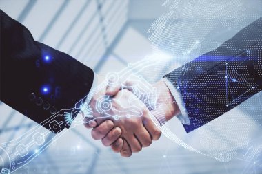 Teknoloji hologramına çifte maruz kalma ve iki adamın el sıkışması. Anlaşma konsepti.