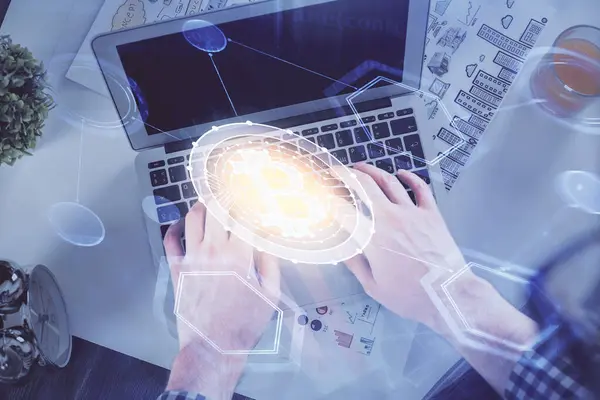 Doble Exposición Las Manos Del Hombre Escribiendo Sobre Teclado Computadora —  Fotos de Stock