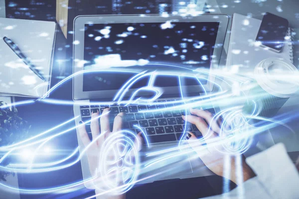 Double Exposure Woman Hands Typing Computer Automobile Theme Drawing High — Stock Photo, Image