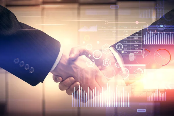 Double Exposure Data Theme Hologram Handshake Two Men Partnership Industry — Stock Photo, Image