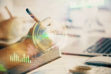 Veri temalı çizimin arka plan yazan insanların üzerine çifte pozlanması. Teknoloji kavramı