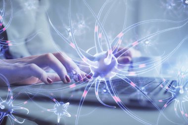 Kadın elinin bilgisayarda ve nöron çizimlerinde çifte pozlama. Eğitim kavramı.