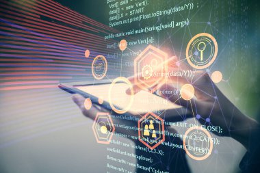 Teknolojiye çifte maruz kalma, hologram çizimi ve cep telefonu kullanan bir kadın. Ai kavramı