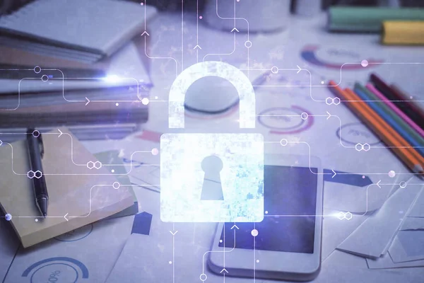 Double exposure of lock drawing and cell phone background. Concept of information security