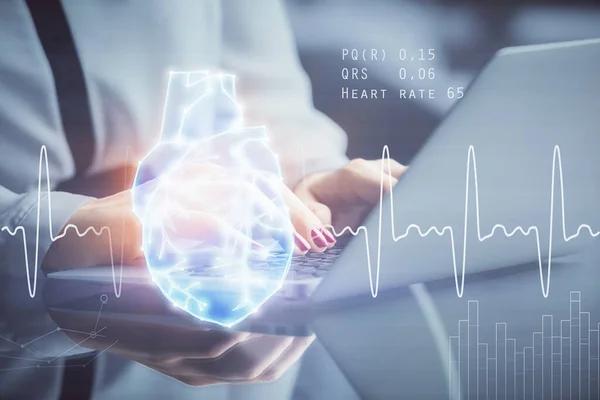 Double Exposure Woman Hands Typing Computer Heart Hologram Drawing Education — Stock Photo, Image