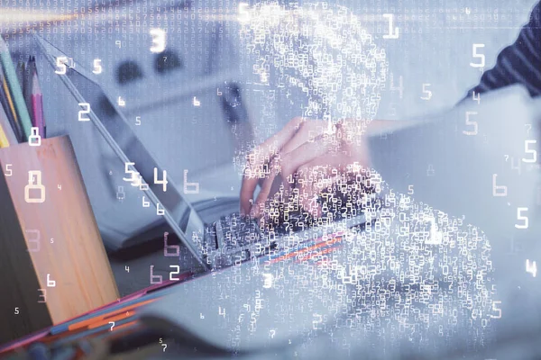 Double Exposure Woman Hands Typing Computer Technology Theme Drawing High — Stock Photo, Image