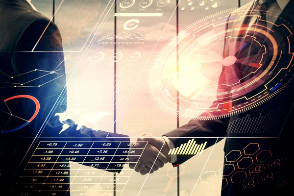 Double Exposure Data Theme Hologram Handshake Two Men Partnership Industry — Stock Photo, Image