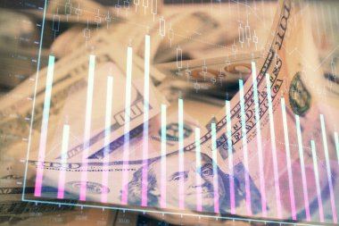 Önx grafiğinin arka plandaki dolarları iki katına çıkarması. Finans piyasası kavramı.