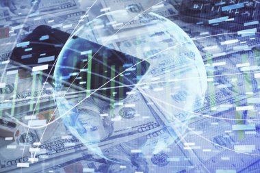 İşletme temasının çoklu pozu bize dolar banknotları üzerinden geçiyor. Finansal başarı kavramı.