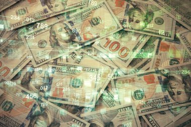 İki kez veri temasına maruz kalınca dolar banknotları arka planda kalıyor. Teknoloji konsepti.