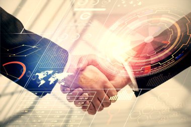 İki kişinin veri temalı hologramı ve el sıkışması. Bilişim endüstrisi konseptinde ortaklık.